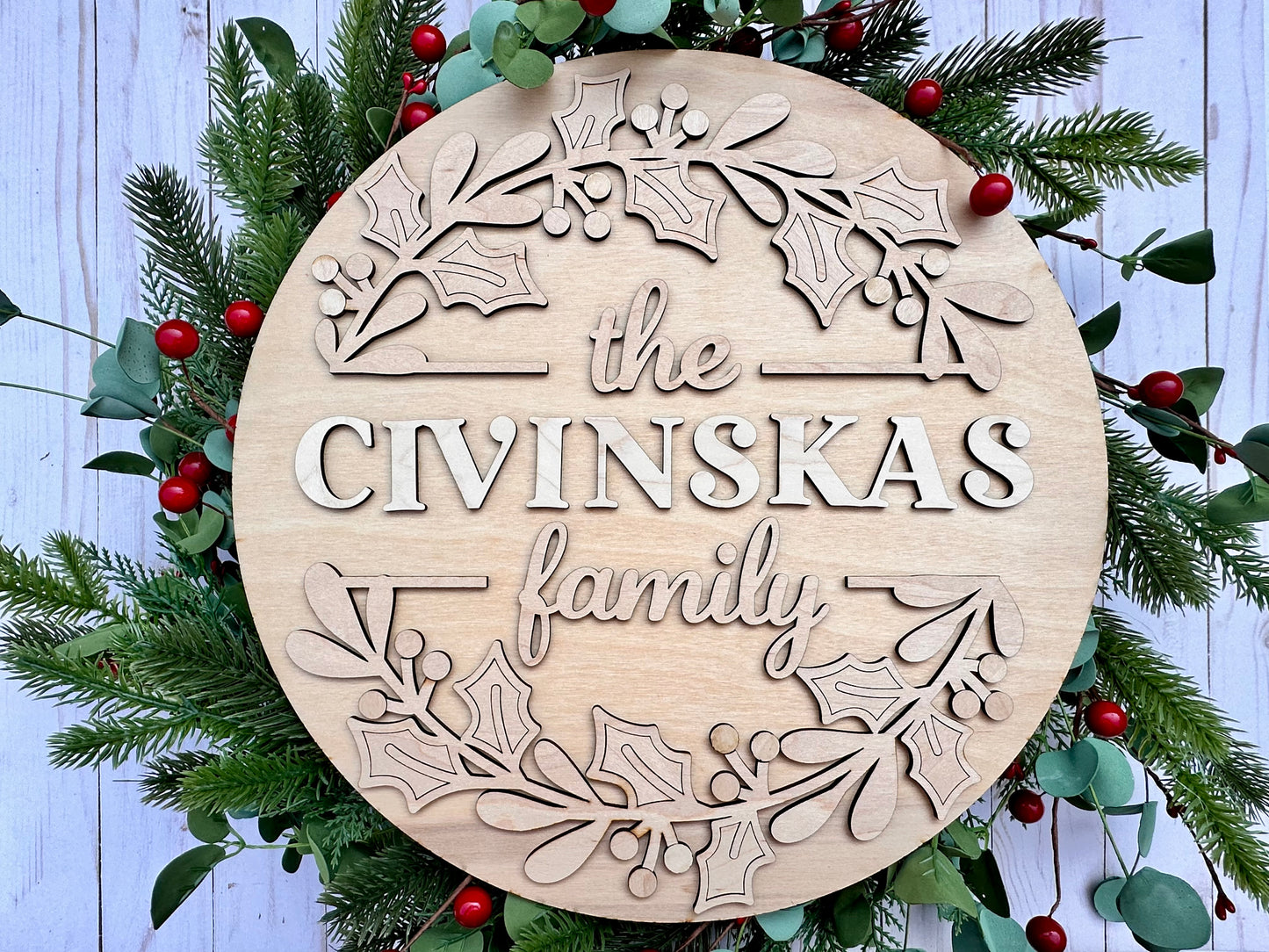 Holly Wreath Personalized: 3D Round Door Hanger