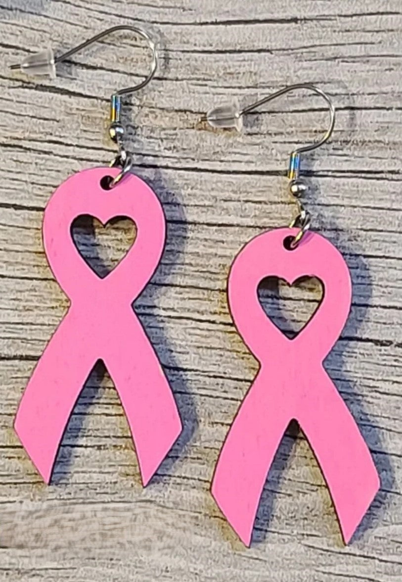 Earrings: Cancer Awareness Ribbon w Heart
