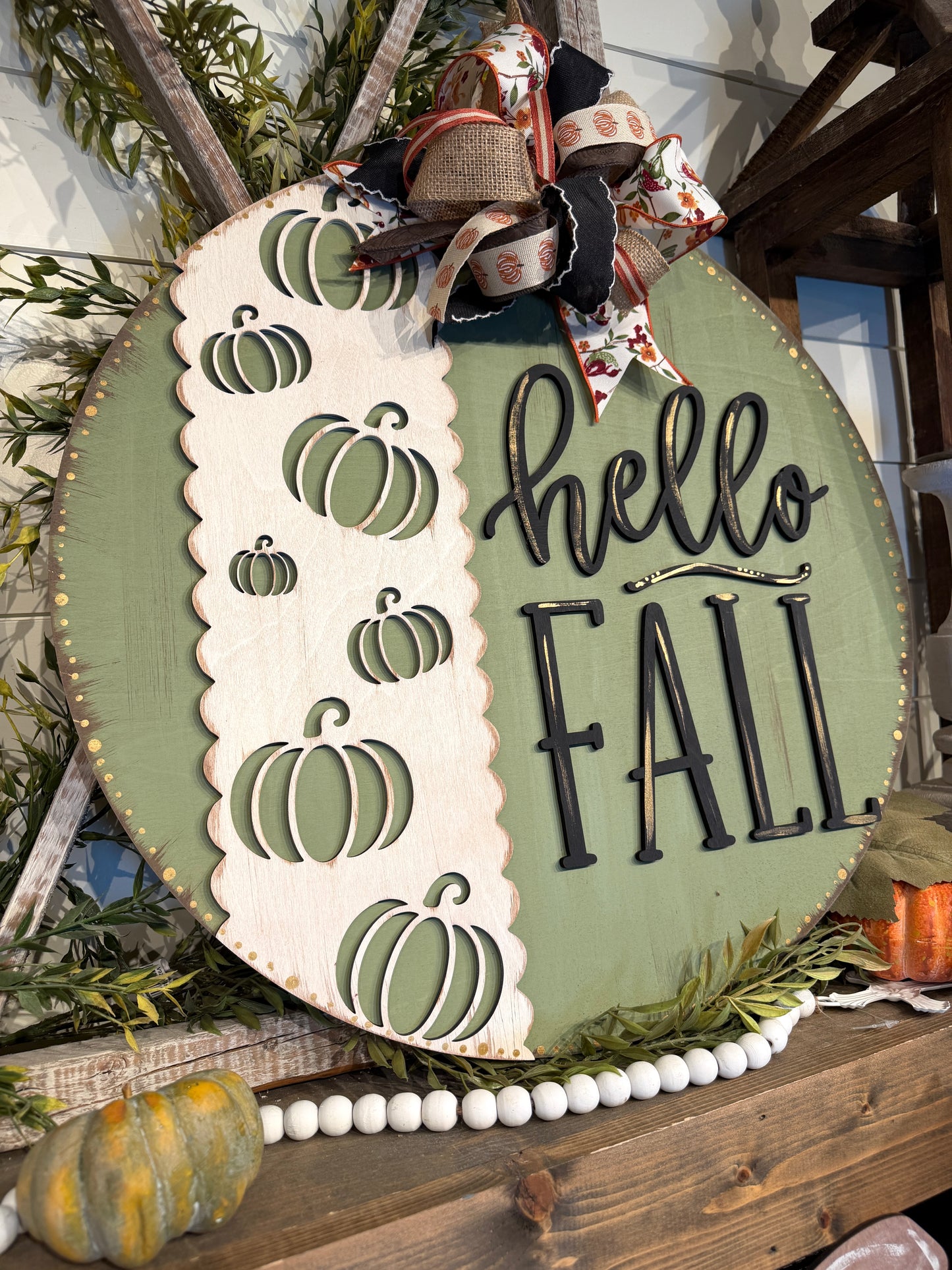 Hello Fall (Vertical) Pumpkins: 3D Round Door Hanger