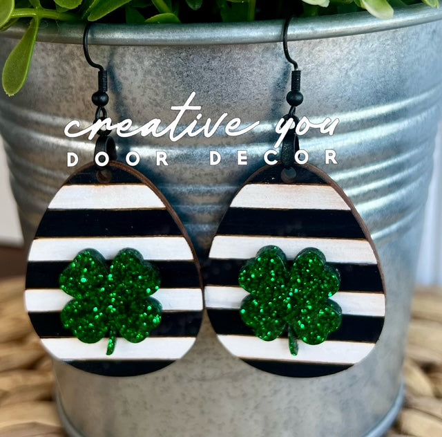 Earrings: Glitter Shamrock with Stripes Dangle
