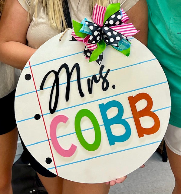 Personalized Teacher Classroom Sign Notebook Paper: 3D Round Door Hanger