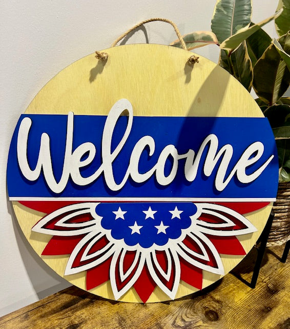 Welcome Patriotic Sunflower: 3D Round Door Hanger