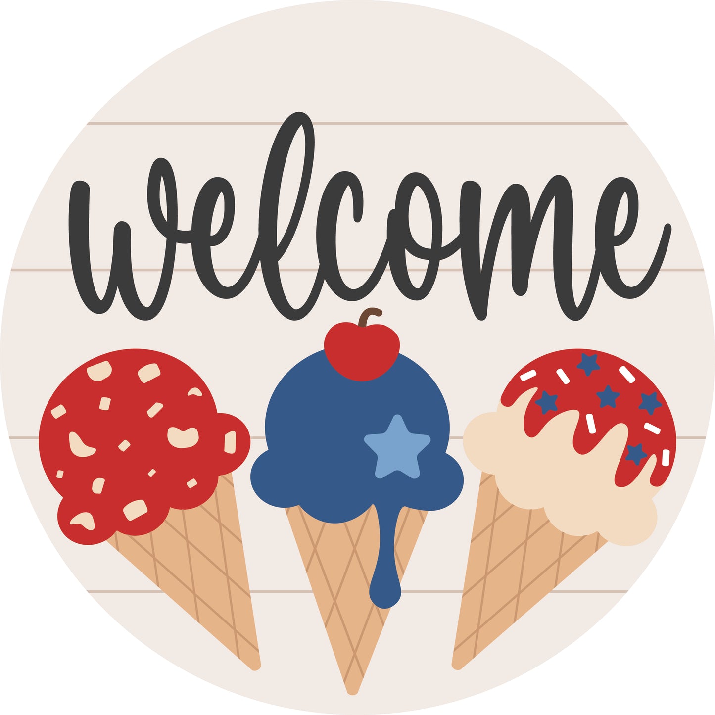 Welcome w 3 Ice Cream Cones: 3D Round Door Hanger