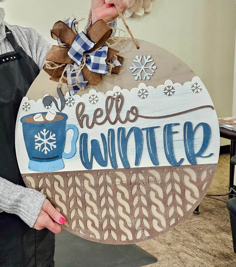 Hello Winter w Mug Sweater Pattern: 3D Round Door Hanger