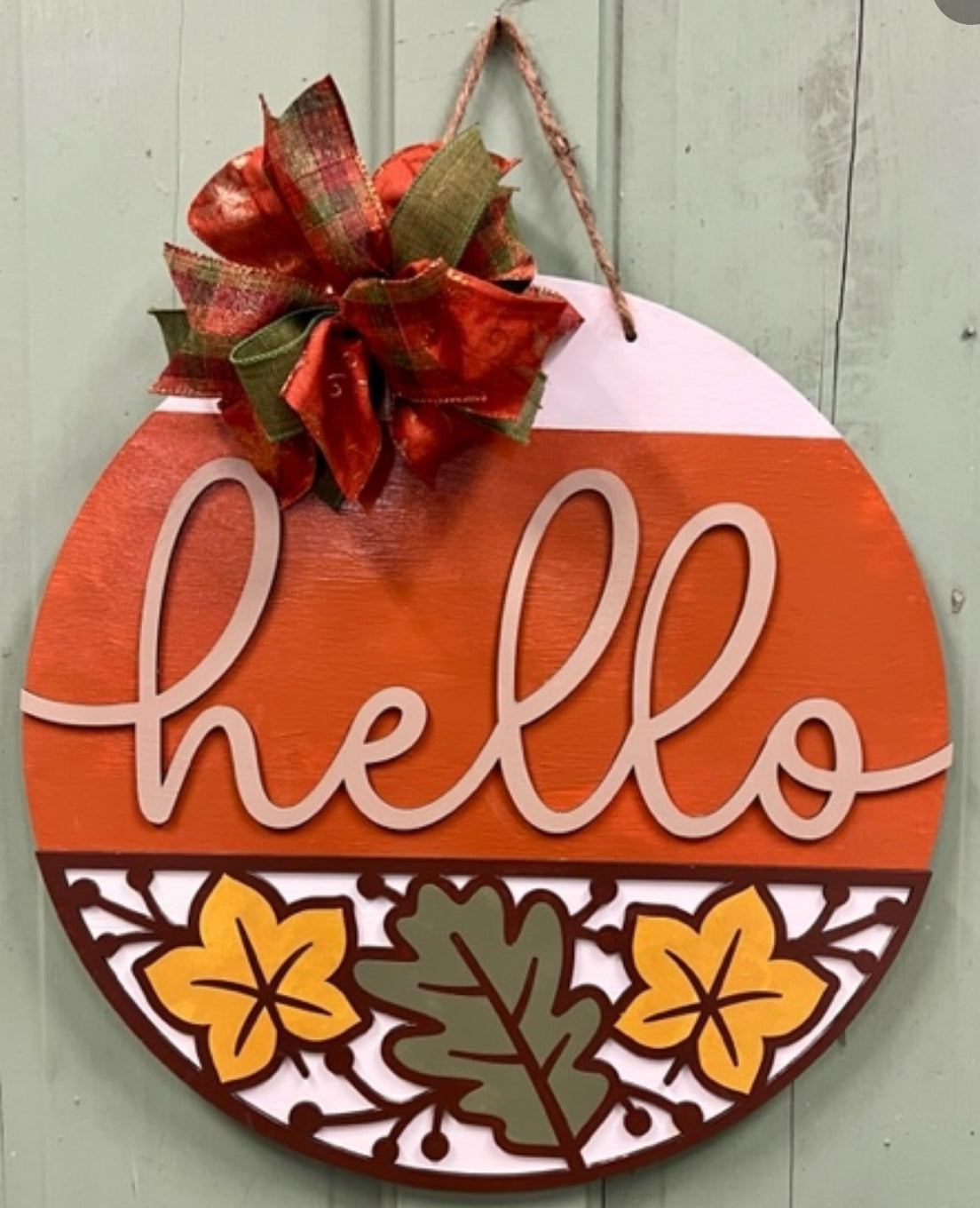 Hello with Fall Leaves: 3D Round Door Hanger