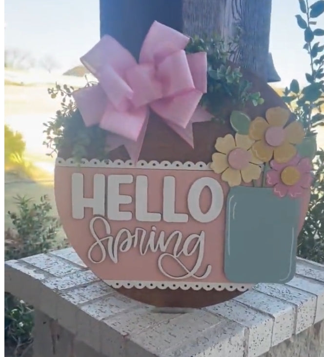 Hello Spring Flowers in Jar: 3D Round Door Hanger