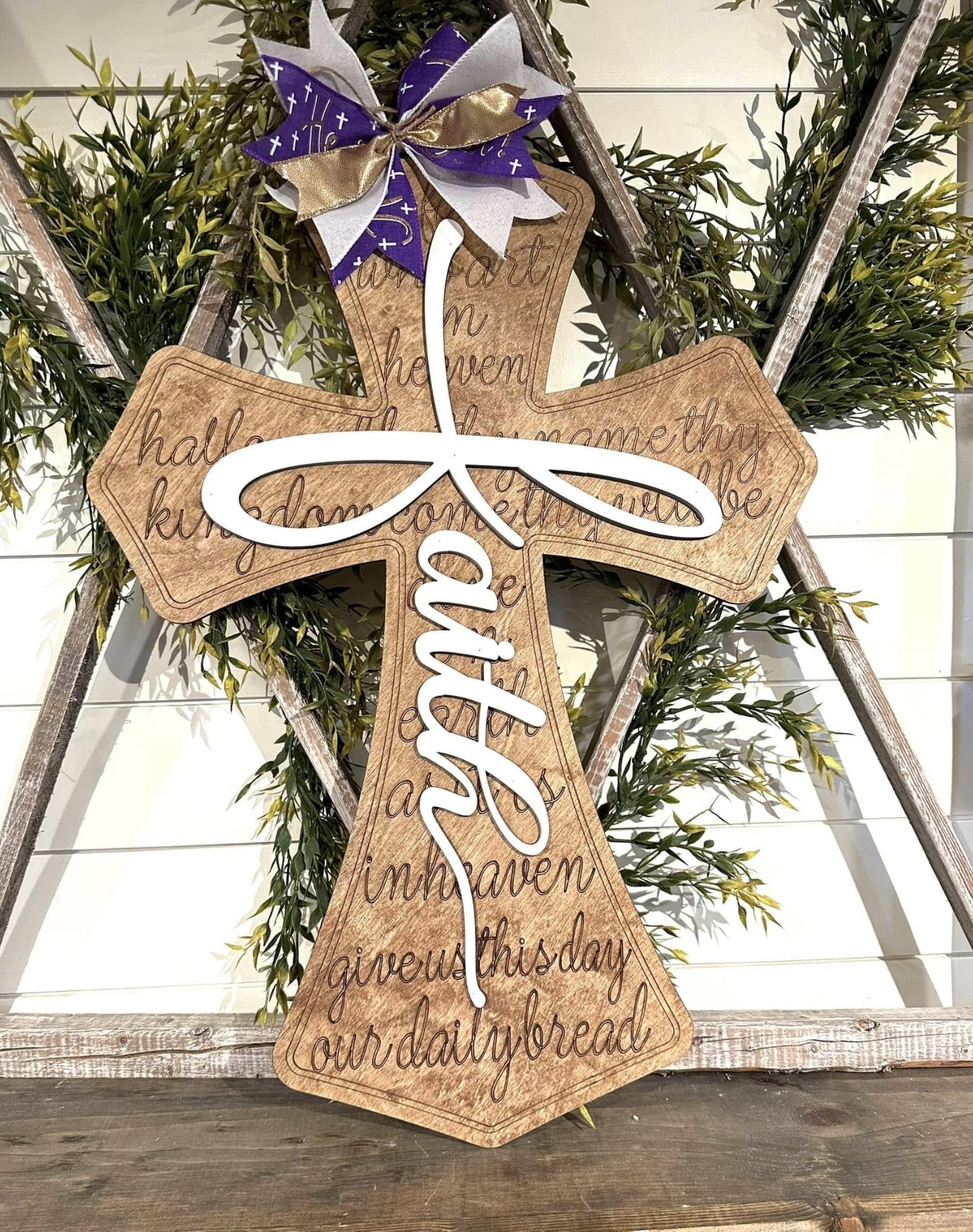 Engraved Faith Easter Cross: 3D Wood Door Hanger