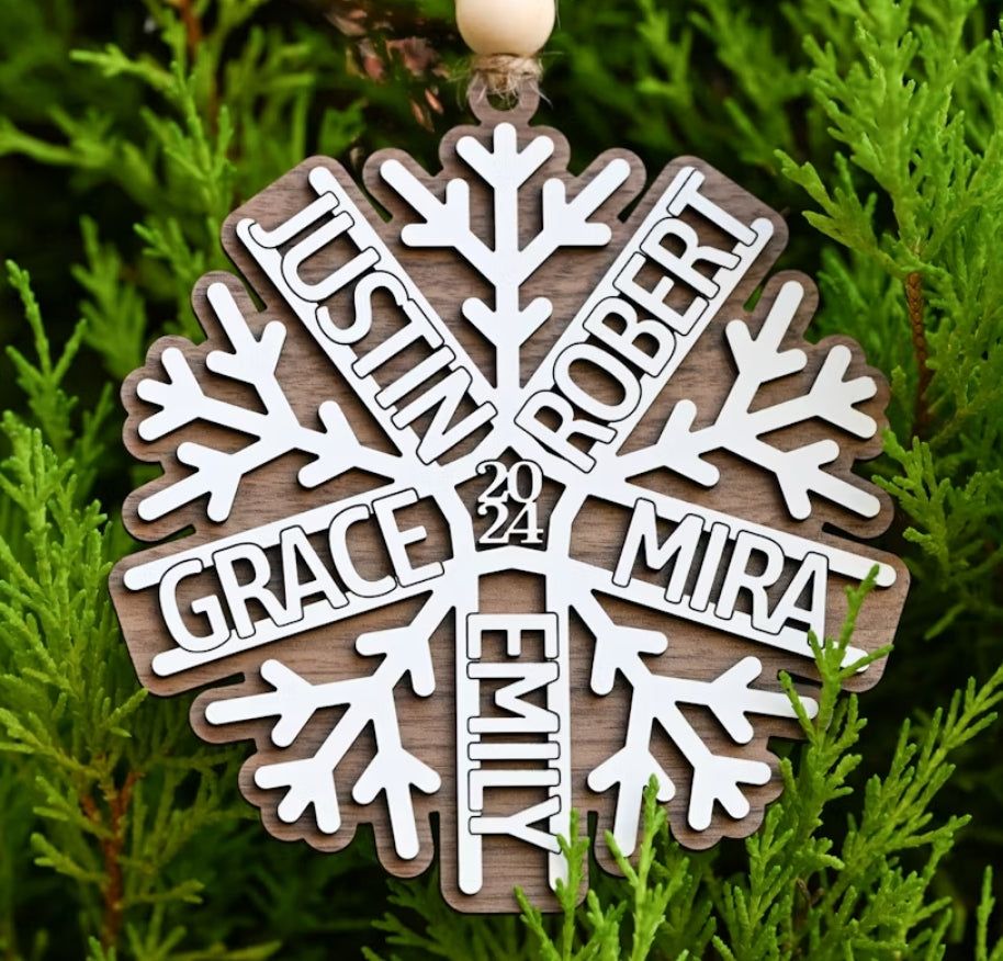 Holiday Ornament - Personalized Snowflake w Family Names