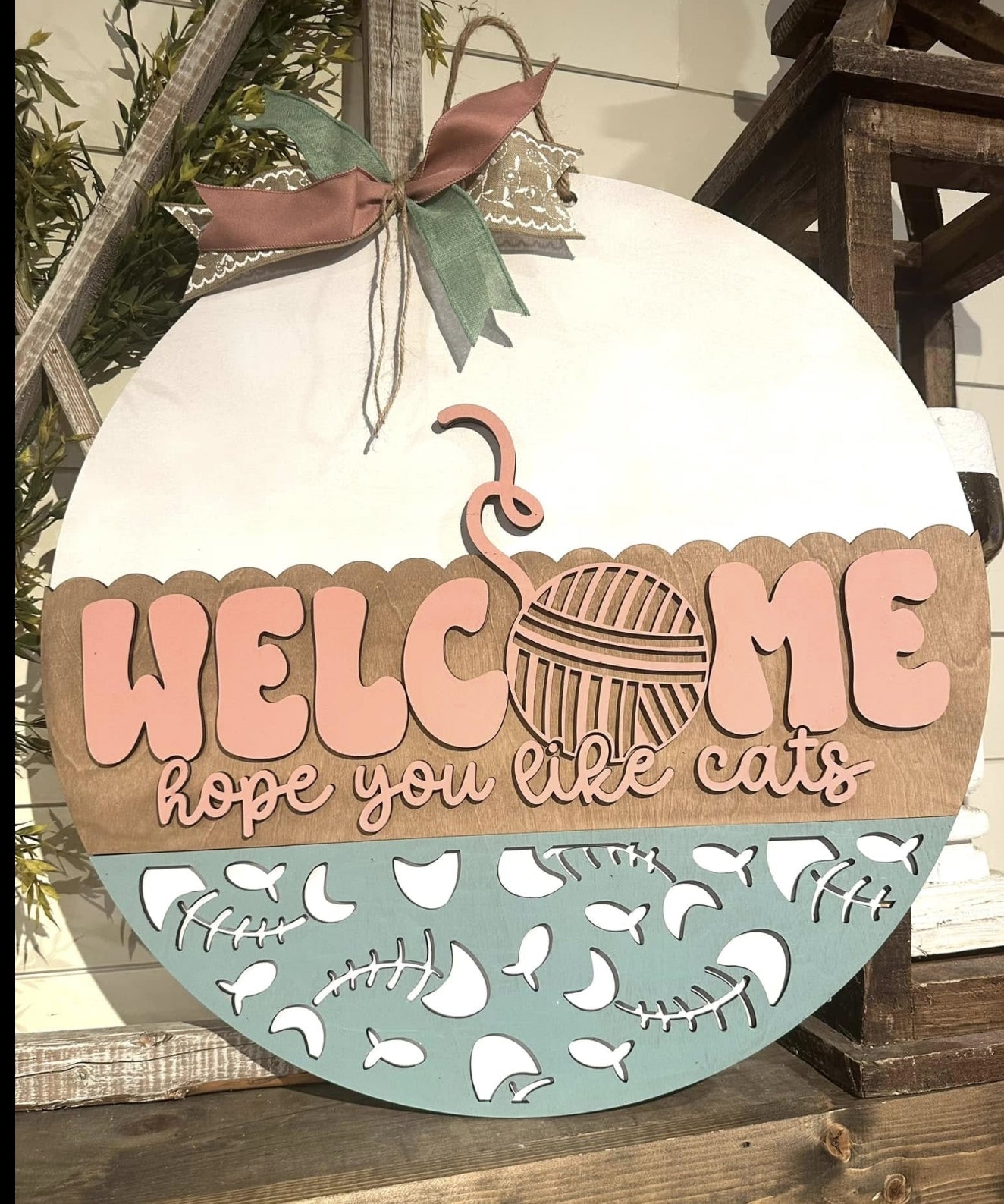 Welcome We Hope You Like Cats w Yarn Ball: 3D Round Door Hanger