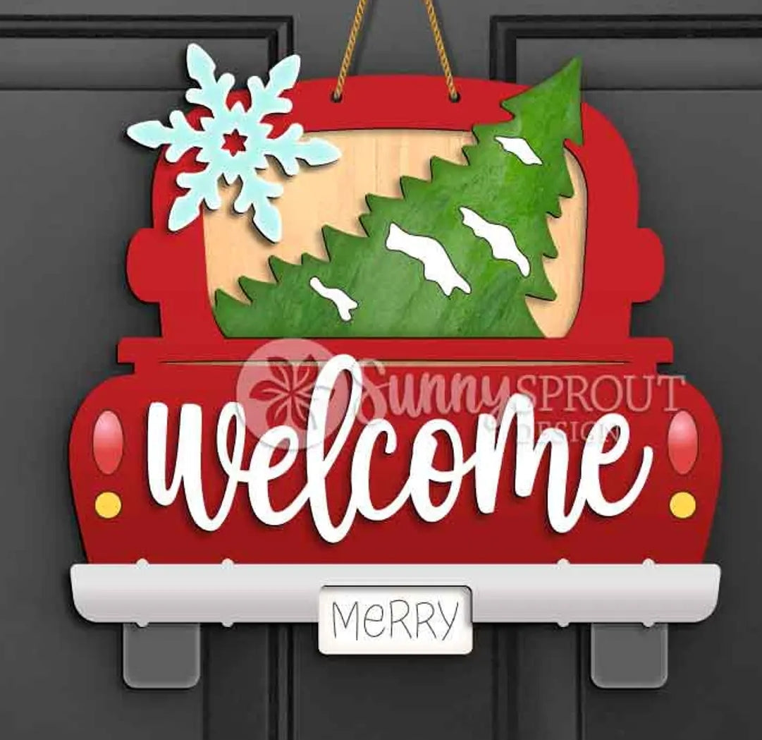 Merry Christmas Truck Rear w Tree: 3D Door Hanger