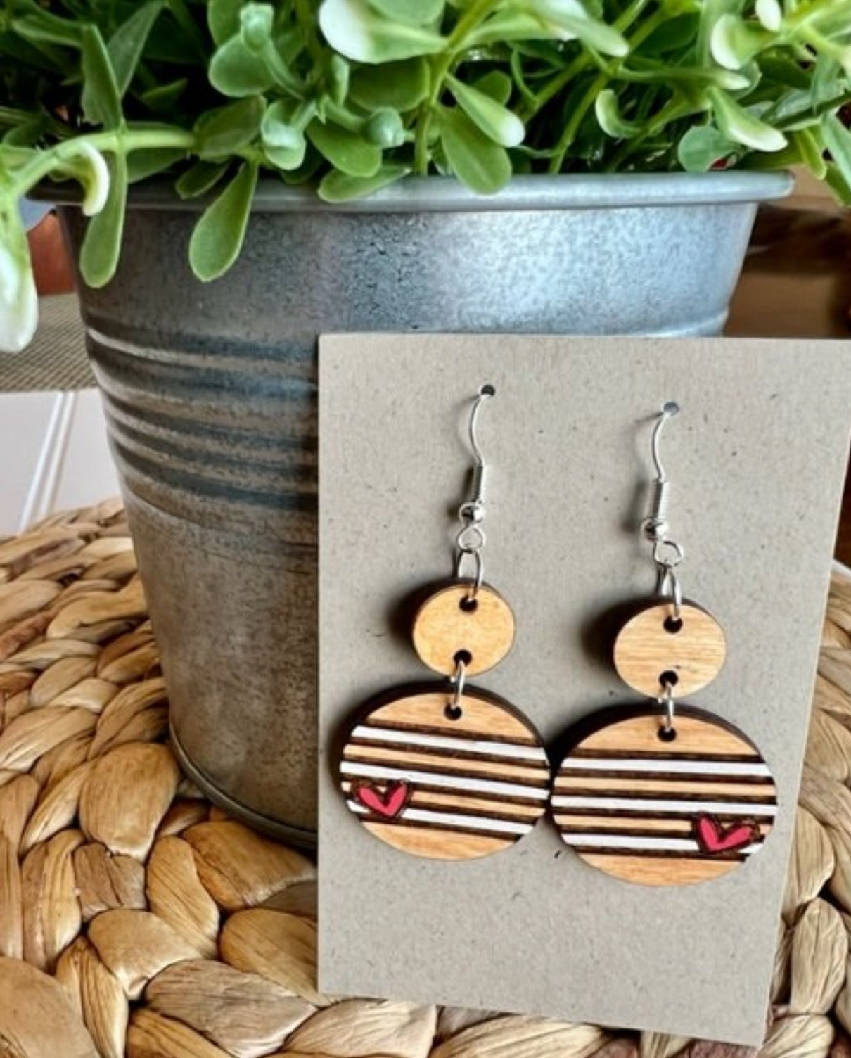 Earrings: Double Circle Stripes & Heart Dangles
