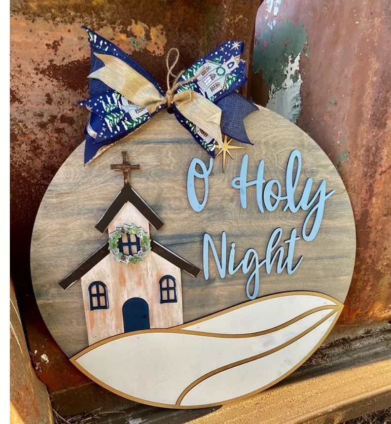 O Holy Night w Church: 3D Round Door Hanger
