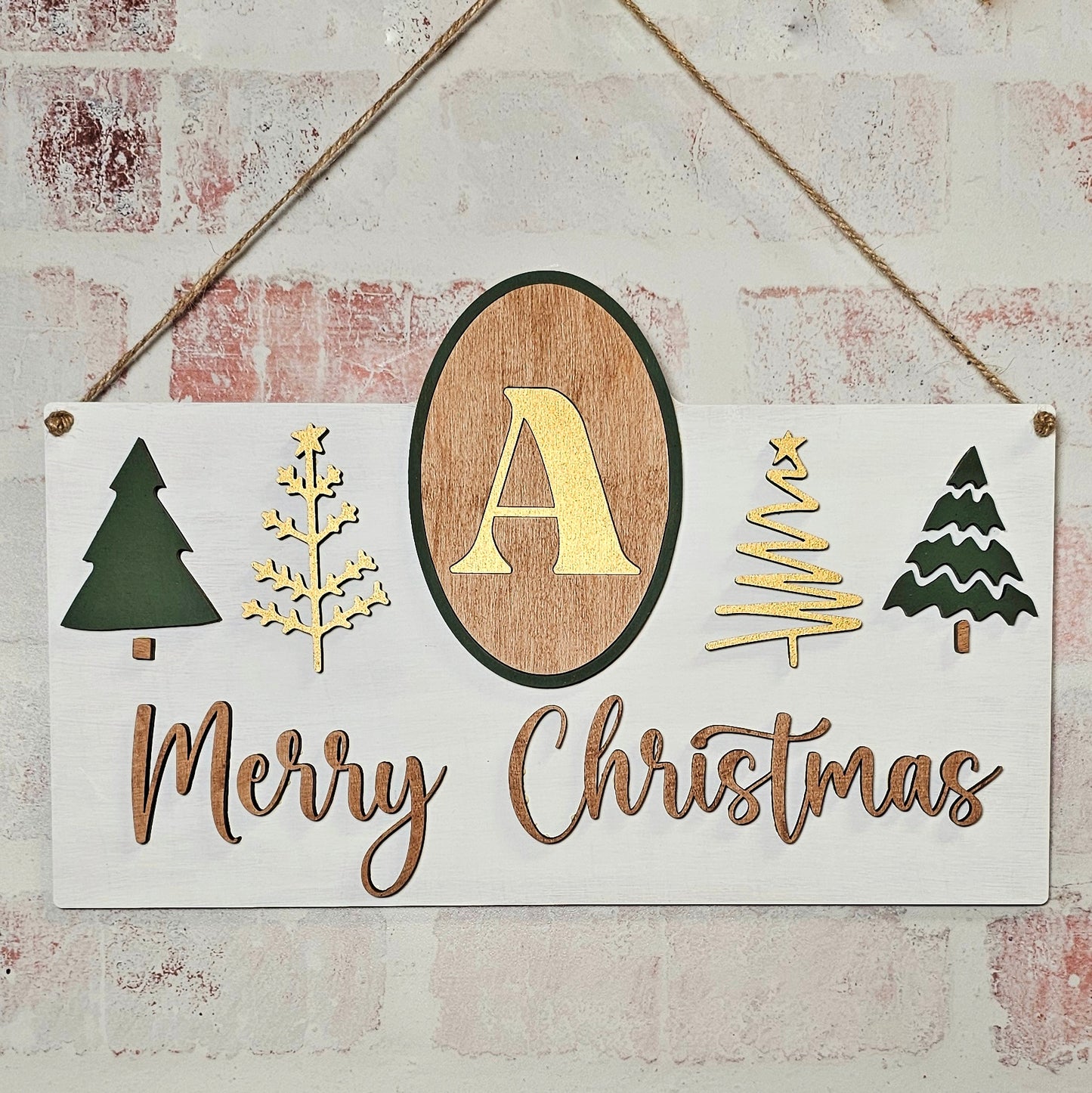 Merry Christmas w Trees & Initial: 3D Rectangle Door Hanger