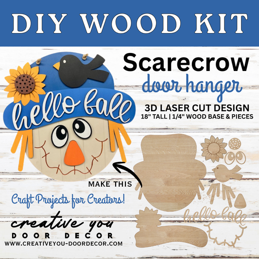 DIY WOOD KIT | Hello Fall Scarecrow Head | 3D Door Hanger Project