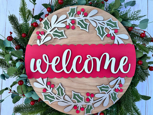 Holly & Leaf Welcome: 3D Round Door Hanger