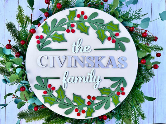 Holly Wreath Personalized: 3D Round Door Hanger