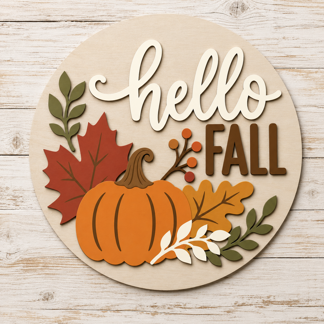 Hello Fall Pumpkin & Leaves: 3D Round Door Hanger