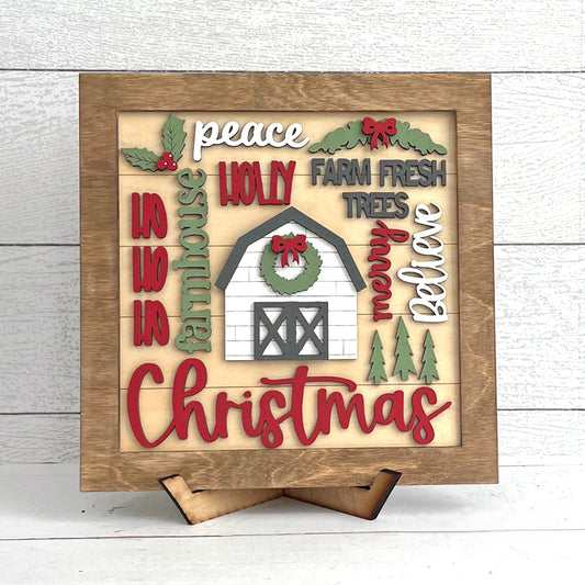FARMHOUSE CHRISTMAS WORD COLLAGE - SQUARE FRAME | 3D LASER CUT SIGN
