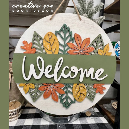 Welcome w Leaves: 3D Round Door Hanger