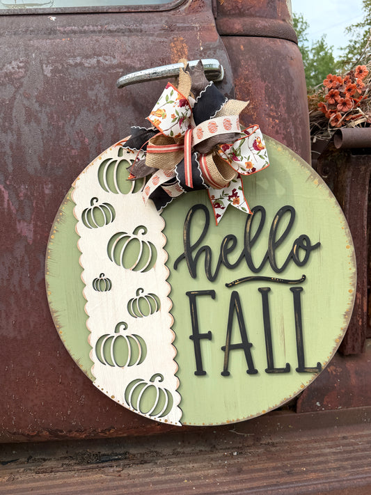 Hello Fall (Vertical) Pumpkins: 3D Round Door Hanger