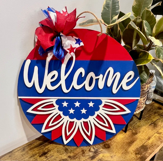 Welcome Patriotic Sunflower: 3D Round Door Hanger