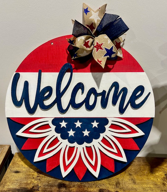Welcome Patriotic Sunflower: 3D Round Door Hanger