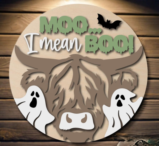Moo I Mean Boo - Highland Cow - Halloween: 3D Round Door Hanger