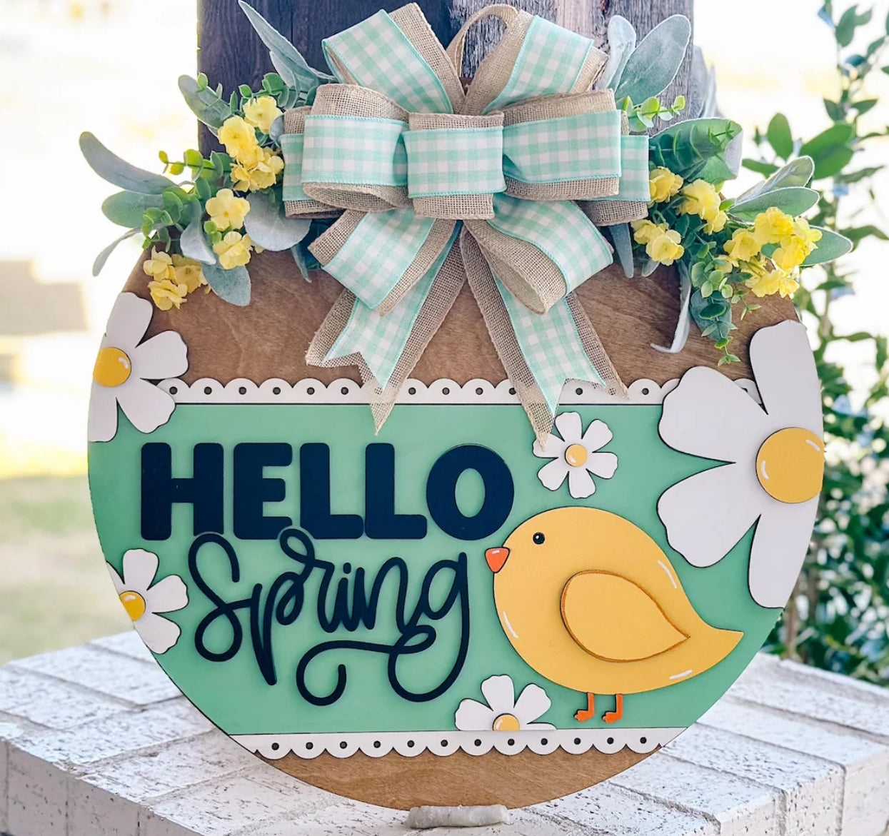 Hello Spring w Bird & Flowers : 3D Round Door Hanger