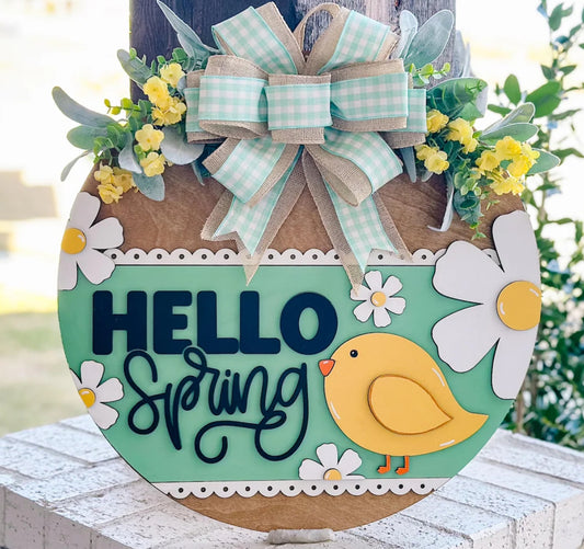 Hello Spring w Bird & Flowers : 3D Round Door Hanger