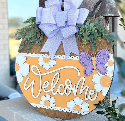 Welcome with Flowers & Butterfly: 3D Round Door Hanger