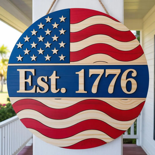 Est. 1776 Wavy Flag: 3D Round Door Hanger