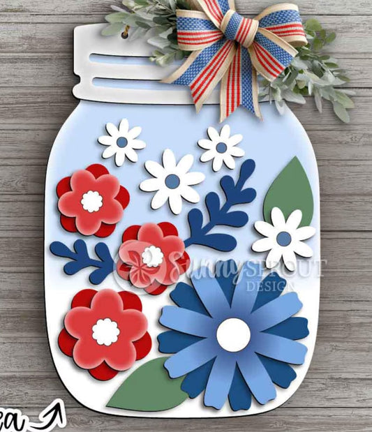 Mason Jar - Patriotic - Flowers | 3D Door Hanger