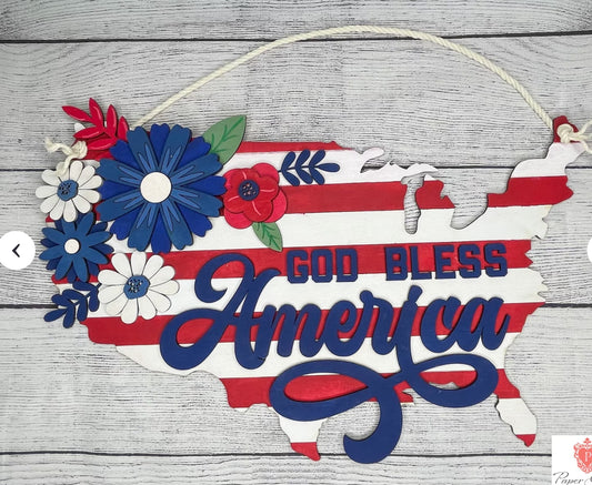 God Bless America - United States - Floral 3D Door Hanger