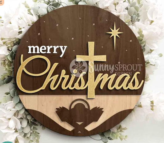 Merry Christmas Manger: 3D Door Round Hanger