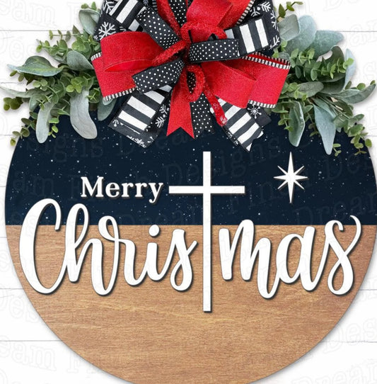 Merry Christmas w Cross: 3D Round Door Hanger