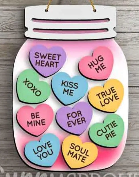 Mason Jar - Valentine's Day - Conversation Hearts | 3D Door Hanger