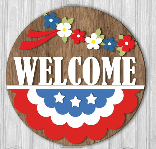 PATRIOTIC WELCOME SIGN - FLOWERS & BUNTING: 3D Round Door Hanger