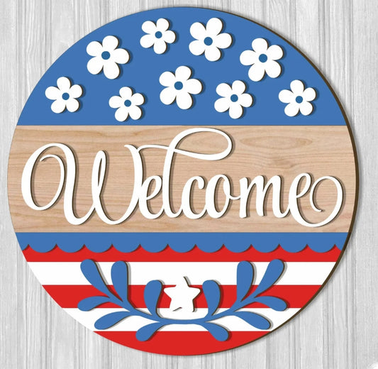 PATRIOTIC WELCOME SIGN - FLOWERS & STRIPES: 3D Round Door Hanger